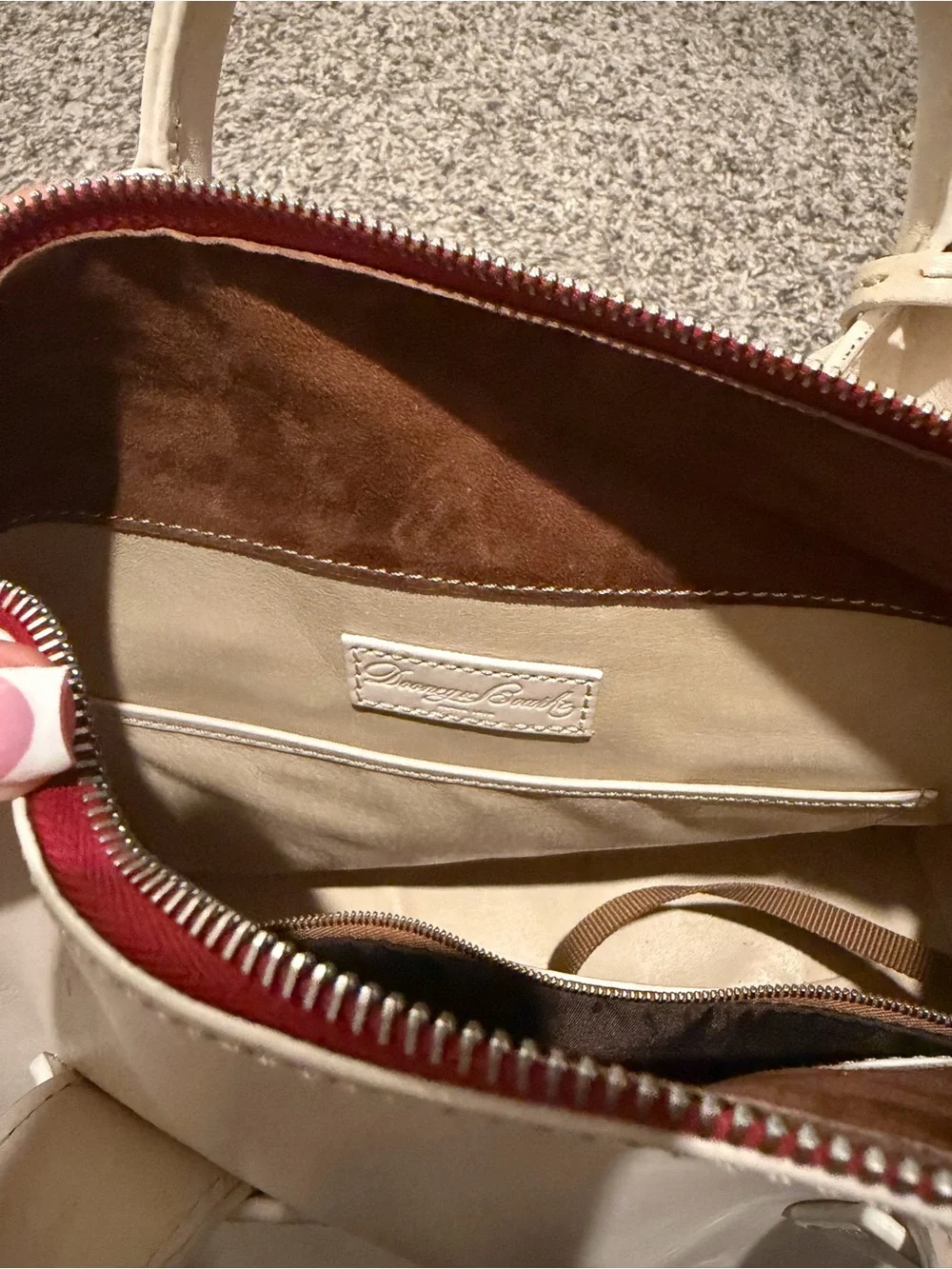 Dooney & Bourke Cream Leather Satchel with Front Pocket and Top Handles